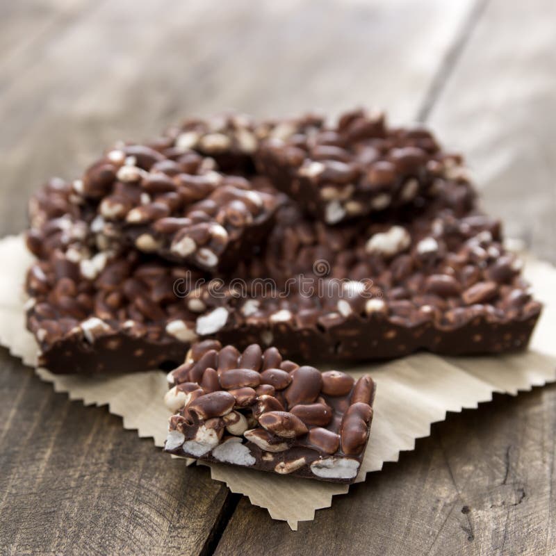 Chocolate with puffed rice bar on table