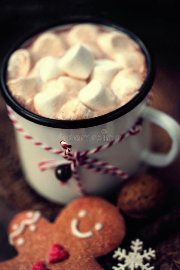 Chocolate Quente Com O Marshmallow Com Presente Do Natal, Gingerbrea