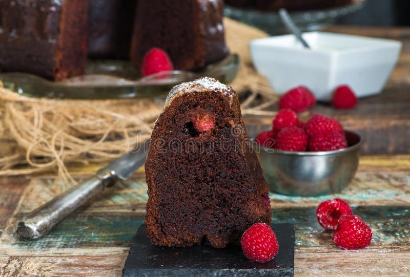 Chocolate and raspberry bundt cake stock image Chocolate and raspberry bundt cake stock image
