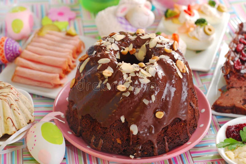 Chocolate Ring Cake with Almonds and Nuts for Easter Stock Photo