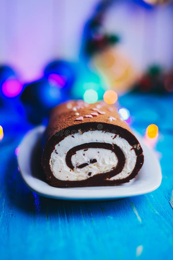 Chocolate Roll Christmas Log with Cream Stock Photo - Image of ...