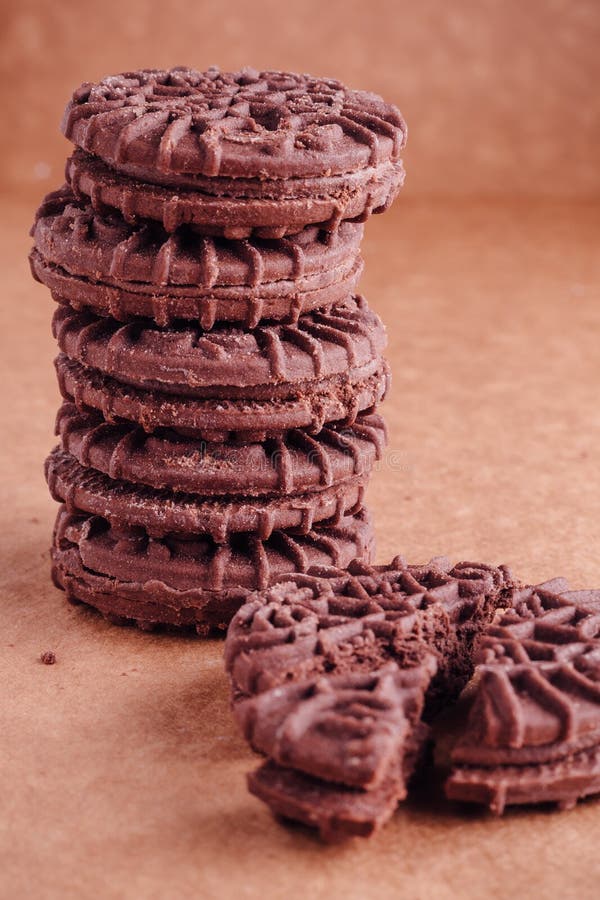Chocolate Sandwich Cookies with Chocolate Cream Inside Stock Photo