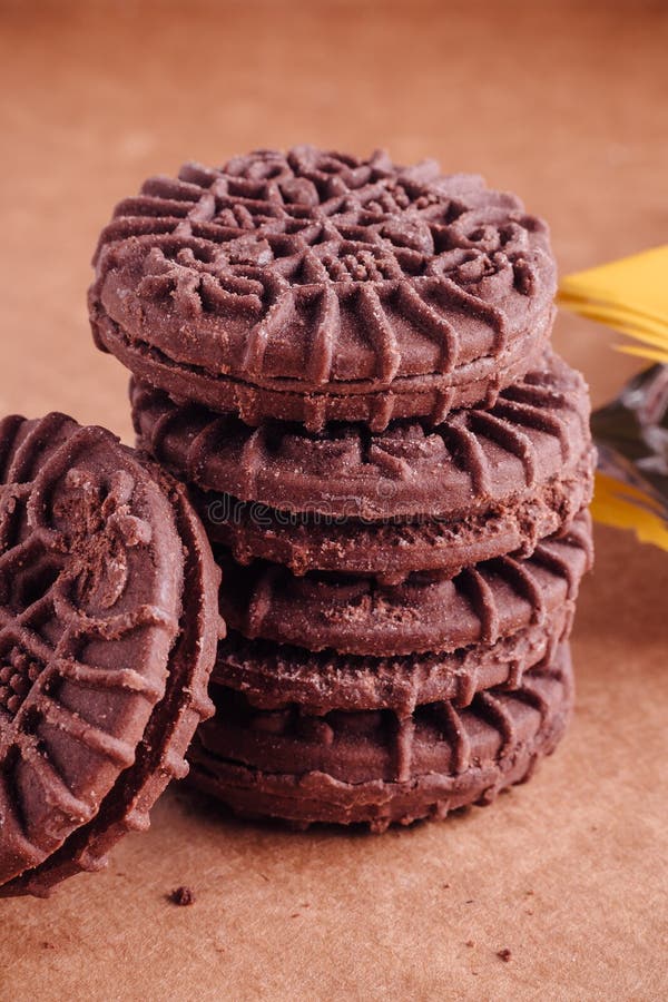 Chocolate Sandwich Cookies with Chocolate Cream Inside Stock Image