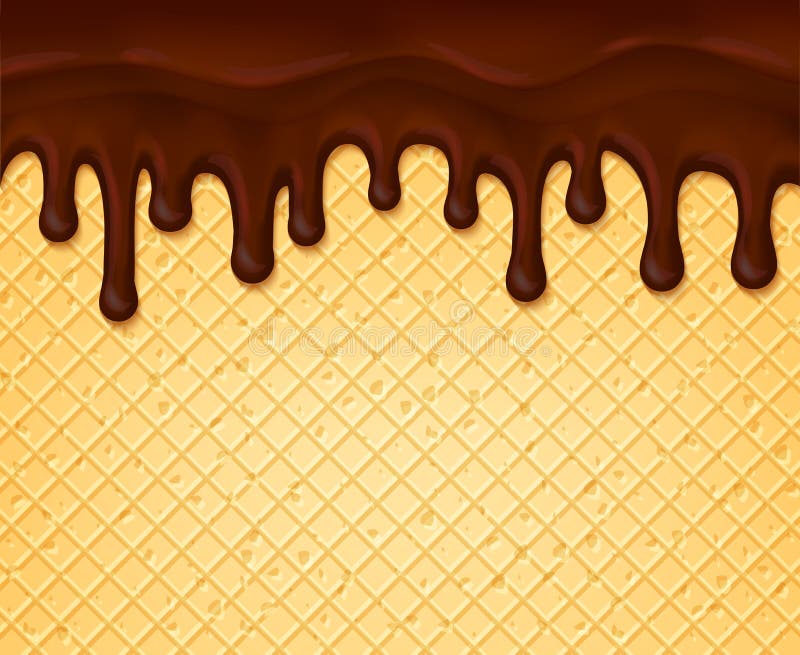 Chocolate splash flowing and dripping on waffle or wafer texture background. Vector dessert poster template of hot chocolate fondant splashes and drops for confectionery pastry and bakery cafe. Chocolate splash flowing and dripping on waffle or wafer texture background. Vector dessert poster template of hot chocolate fondant splashes and drops for confectionery pastry and bakery cafe