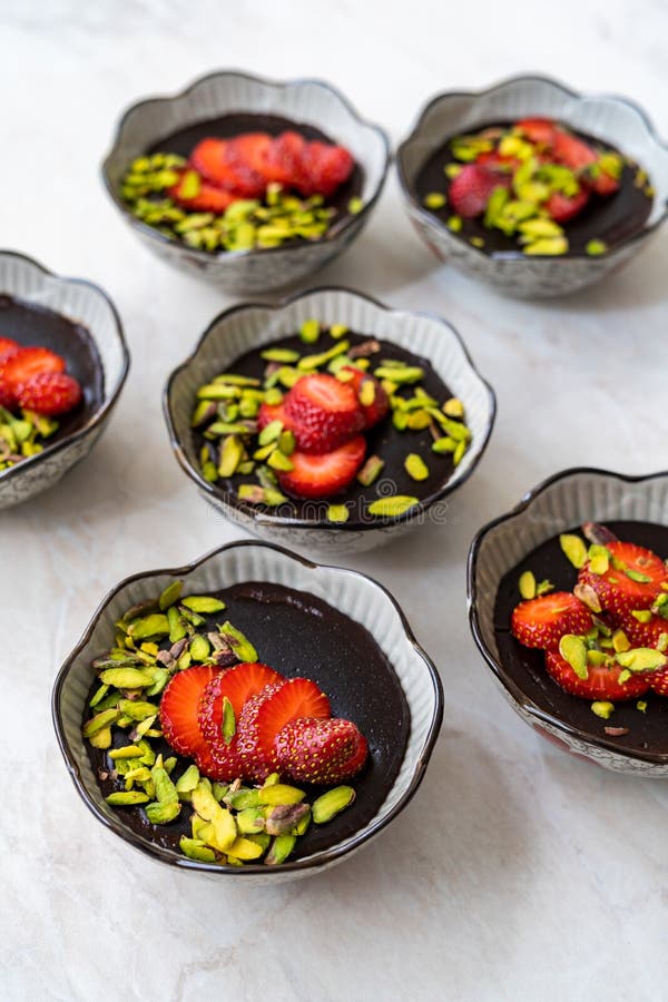Chocolate StrawBerry Parfait Pudding with Pistachio Stock Photo Image