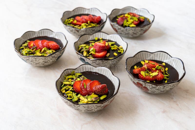 Chocolate StrawBerry Parfait Pudding with Pistachio Stock Photo Image