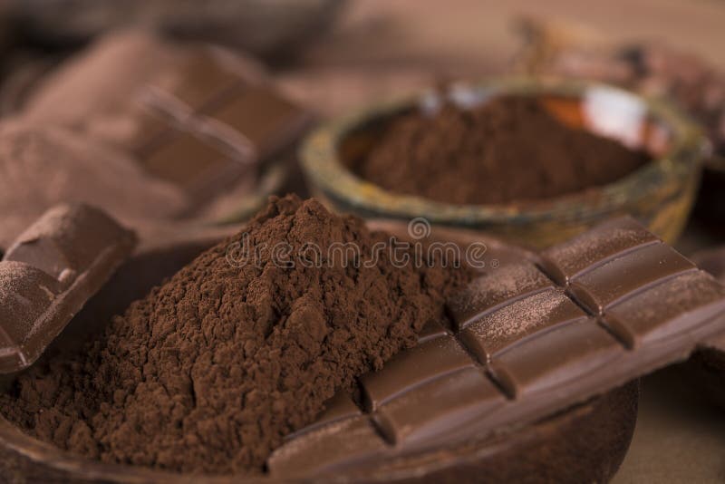 Chocolate sweet, cocoa pod and food dessert background