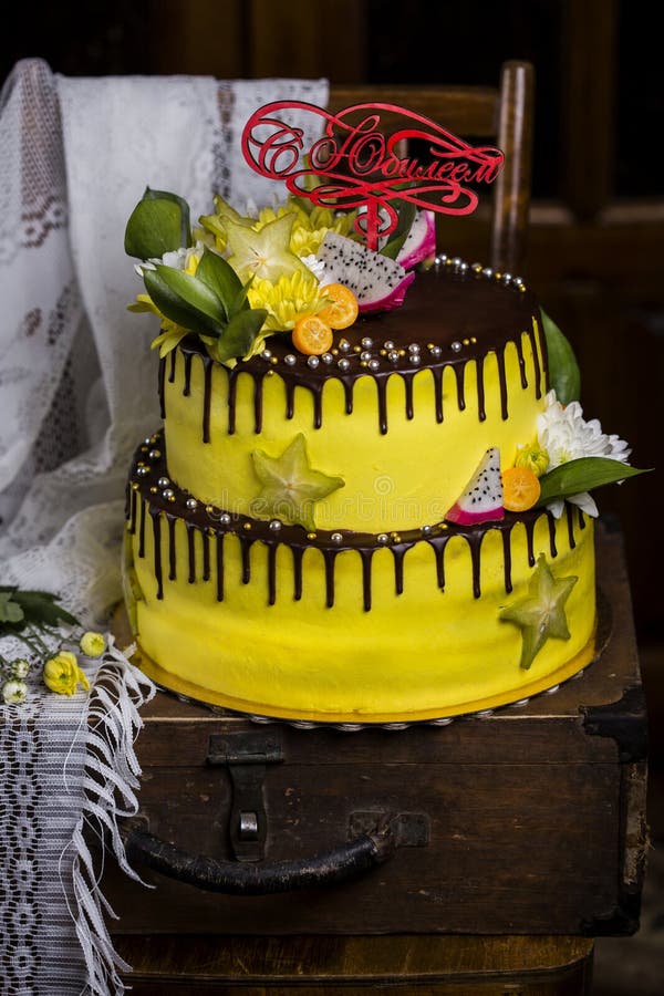 Chocolate Tiered Cake with Exotic Fruits Stock Image Image of