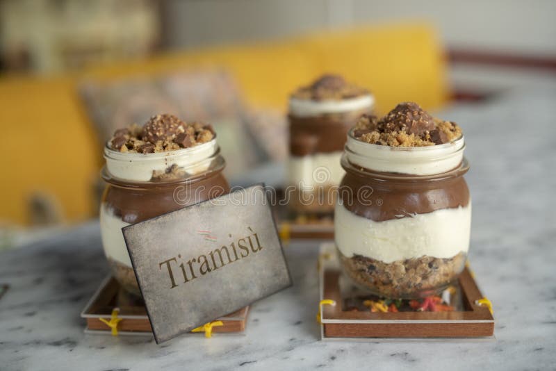 Chocolate Tiramisu with nuts in glass jar royalty free stock image Chocolate Tiramisu with nuts in glass jar royalty free stock image