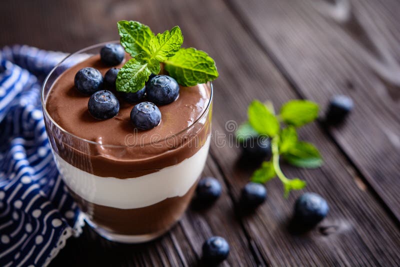 Chocolate and vanilla mascarpone dessert topped with blueberry