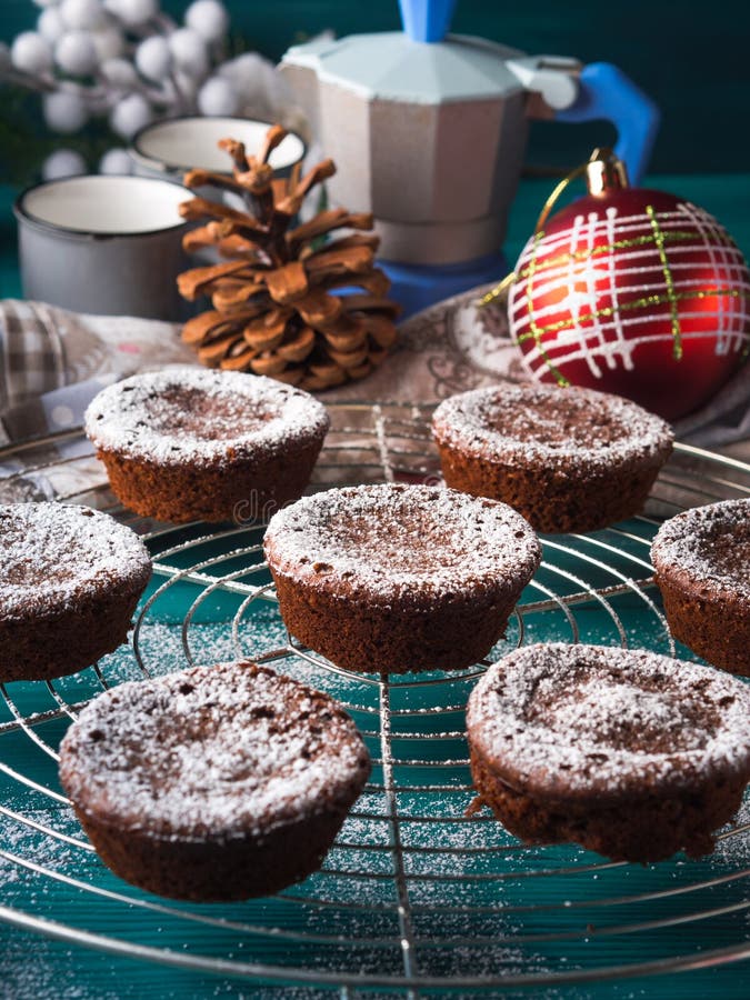 Chocolate Winter Muffins with Icing Sugar Stock Photo - Image of ...