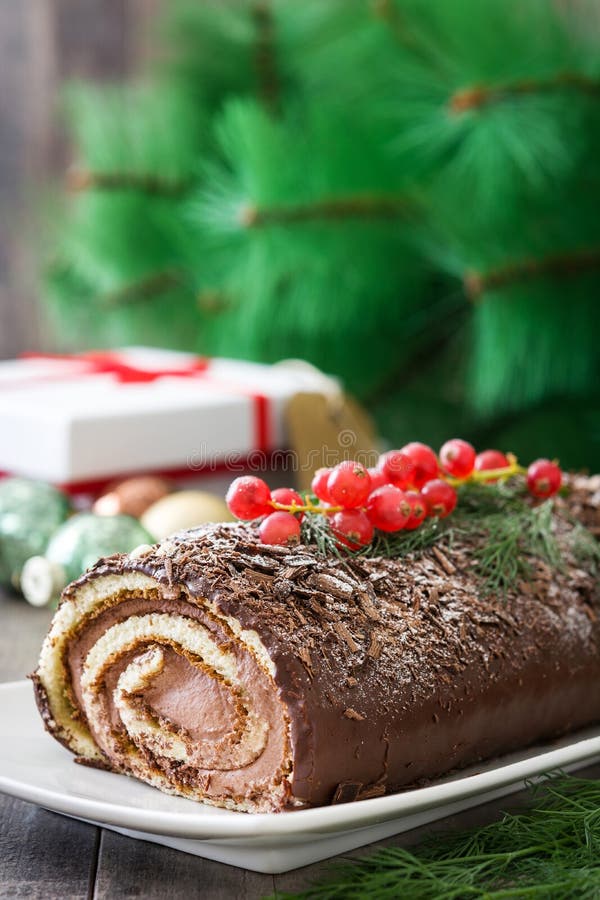 Chocolate Yule Log Christmas Cake with Red Currant Stock Image - Image ...