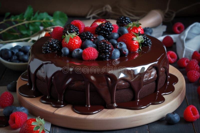 chocolaty cake with creamy ganache and fresh berries