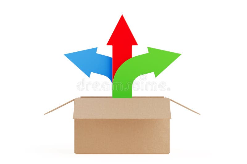 Choice Decision And Business Strategy Concept. Cardboard Box With Colorful Direction Arrows Pointing Different Ways. 3d Rendering royalty free stock photos