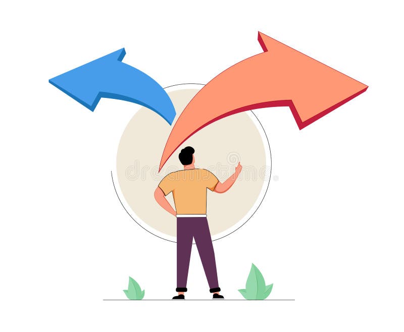 Choice decision making as two split path options to choose from tiny person concept. Business or life strategy confusion stock illustration