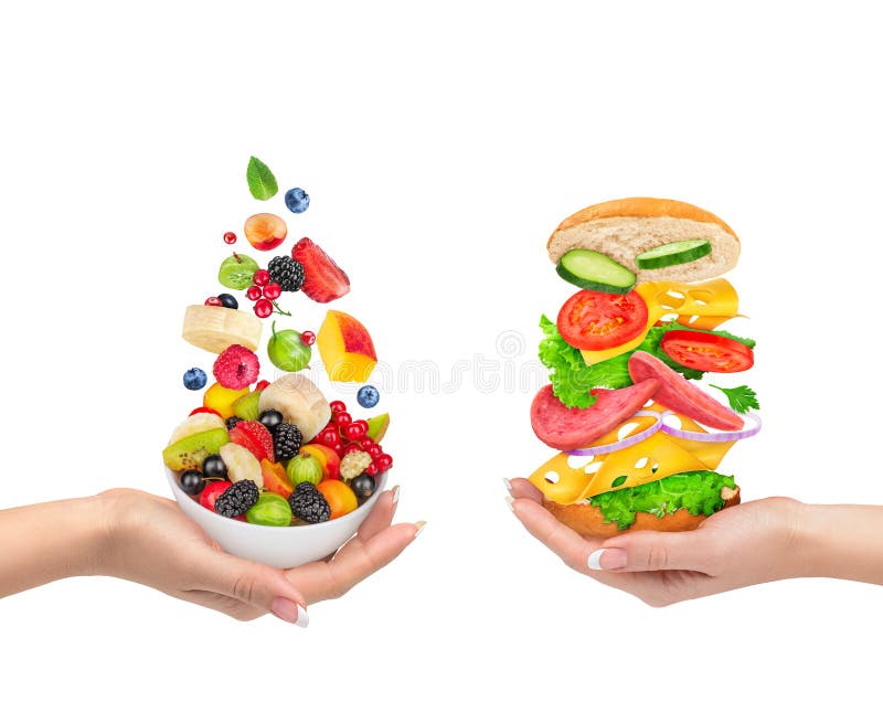 The choice of a healthy food or unhealthy food. stock images The choice of a healthy food or unhealthy food. stock images