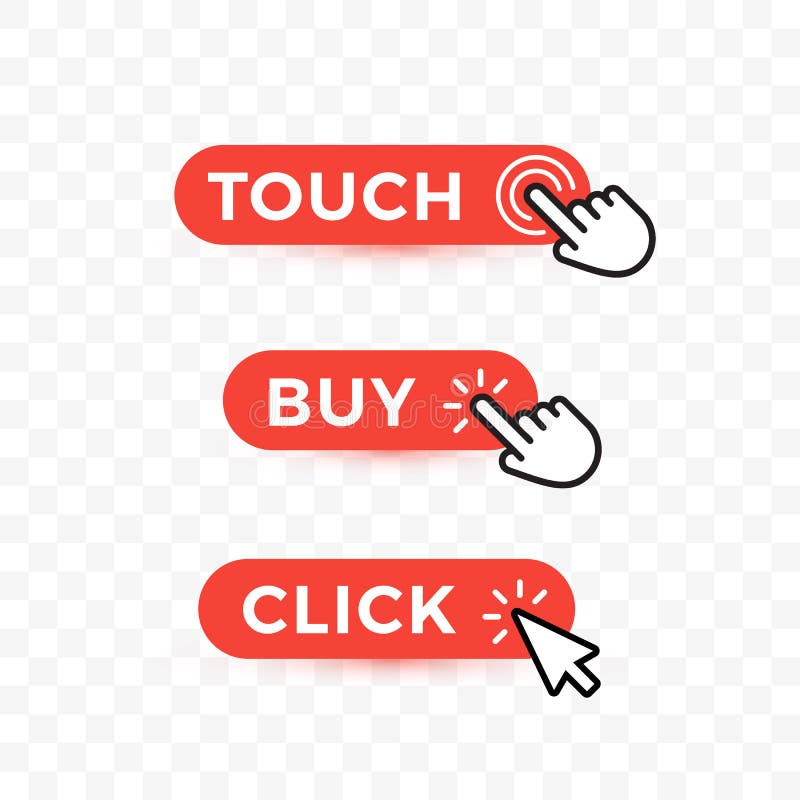Choice web buttons set. Touch, but and click text on rounded buttons with arrows or hand pointer. Isolated vector icons royalty free illustration