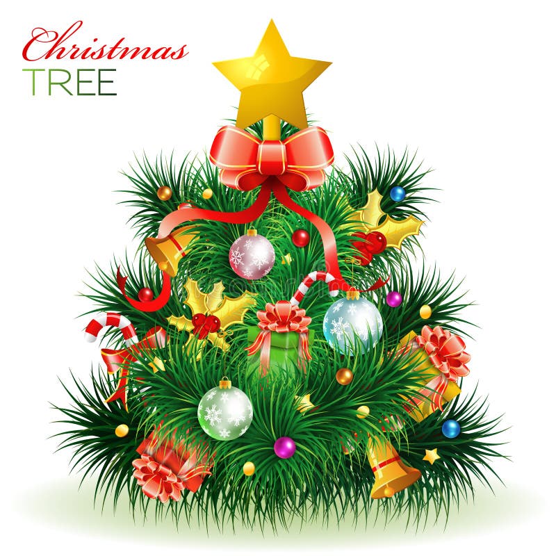 Christmas Tree with Candy, Fir Branches, Mistletoe, Gift, isolated on white, element for design, vector illustration. Christmas Tree with Candy, Fir Branches, Mistletoe, Gift, isolated on white, element for design, vector illustration
