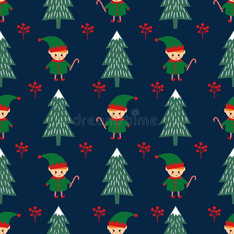 Choinka i elf z cukierek trzciny bezszwowym wzorem ilustracja wektor Choinka i elf z cukierek trzciny bezszwowym wzorem ilustracja wektor
