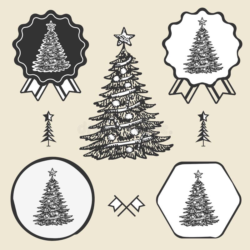Choinka rocznika symbolu emblemata etykietka ilustracja wektor