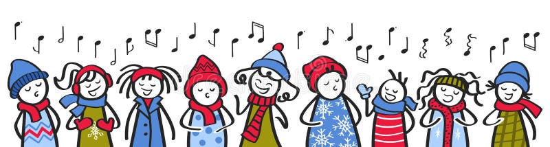 Choir, carol singers, children singing, stick figures in winter clothing sing a song, banner