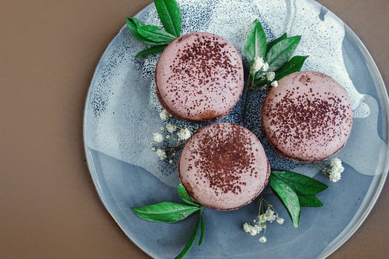 Chokladmacarons på en handgjord platta arkivfoto Chokladmacarons på en handgjord platta arkivfoto