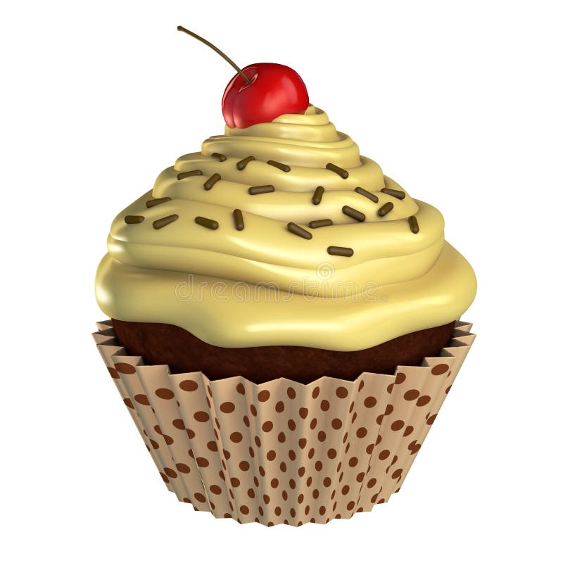 3d render of vanilla frosting cupcake with cherry on top and chocolate sprinkles. 3d render of vanilla frosting cupcake with cherry on top and chocolate sprinkles