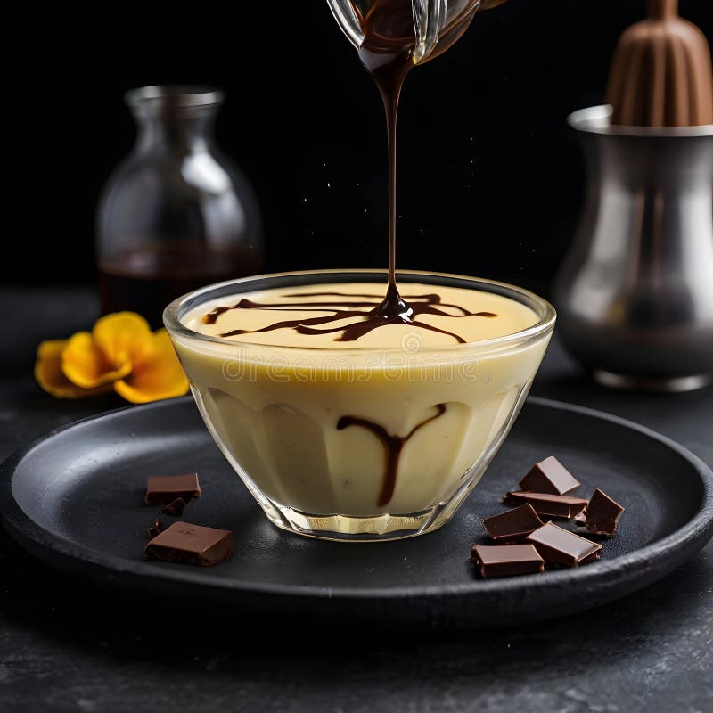 Chokladsås som häller i skålen av vaniljgrädddessert vektor illustrationer
