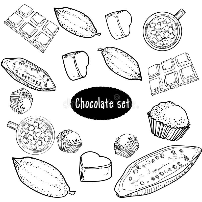 Chokladvektoruppsättning av handteckningen stock illustrationer Chokladvektoruppsättning av handteckningen stock illustrationer
