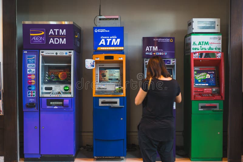 CHONBURI- JULY 7, 2018 : Many of Automatic Teller Machine, ATM in J-PARK Shopping mall on JULY 7, 2018 in CHONBURI, Thailand royalty free stock photography CHONBURI- JULY 7, 2018 : Many of Automatic Teller Machine, ATM in J-PARK Shopping mall on JULY 7, 2018 in CHONBURI, Thailand royalty free stock photography