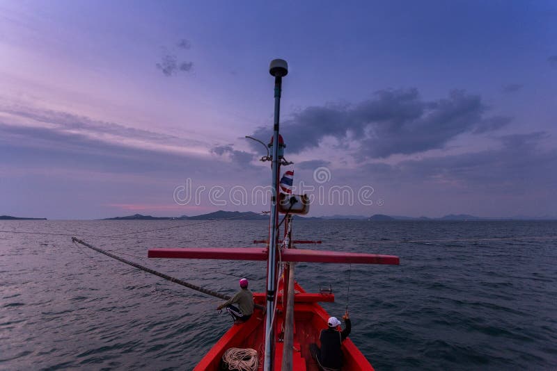 CHONBURI THAILAND - JANUARY 14 2018: fisherman work and travel by fisherman boat with fishing rod and fisherman gears on JANUARY 14, 2018 at SAMAE SAN in CHONBURI THAILAND