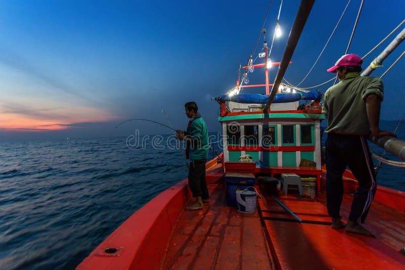 CHONBURI THAILAND - JANUARY 14 2018: fisherman work and travel by fisherman boat with fishing rod and fisherman gears on JANUARY 14, 2018 at SAMAE SAN in CHONBURI THAILAND