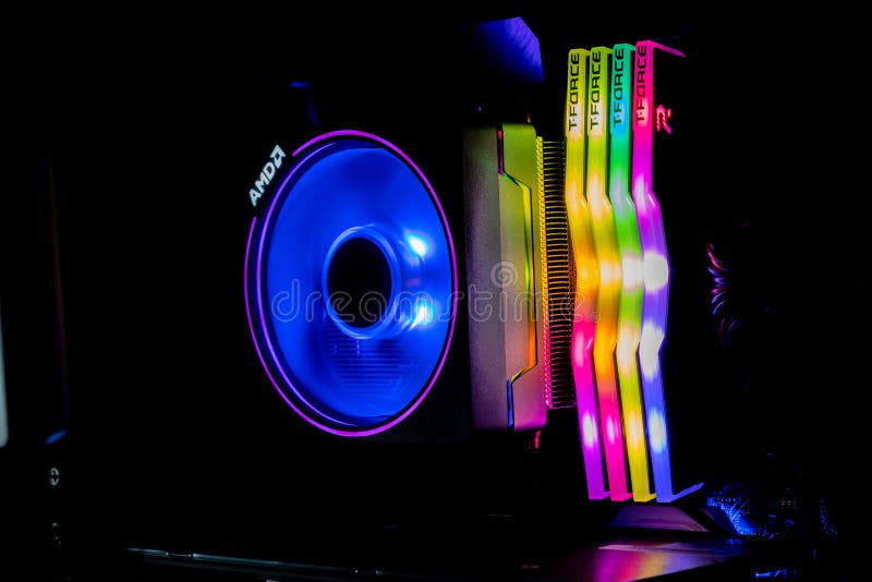 Chonburi, Thailand - MAY 16, 2020: The colorful of AMD Wraith Prism Cooler for CPU Ryzen9 3900X with four T-Force DELTA RGB DDR4. DIMMs in the computer case royalty free stock photos Chonburi, Thailand - MAY 16, 2020: The colorful of AMD Wraith Prism Cooler for CPU Ryzen9 3900X with four T-Force DELTA RGB DDR4. DIMMs in the computer case royalty free stock photos