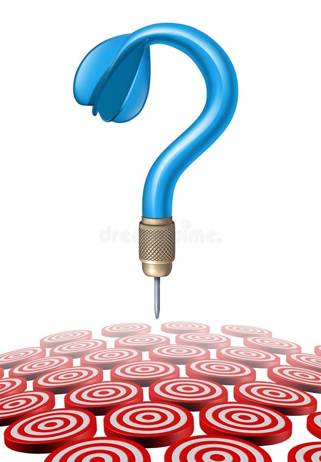 Choosing a target with a blue dart in the shape of a question mark aiming at confusing group of multiple red and white targets as a symbol of business dilemma and tough choices in planning a strategy. Aiming target illustrations