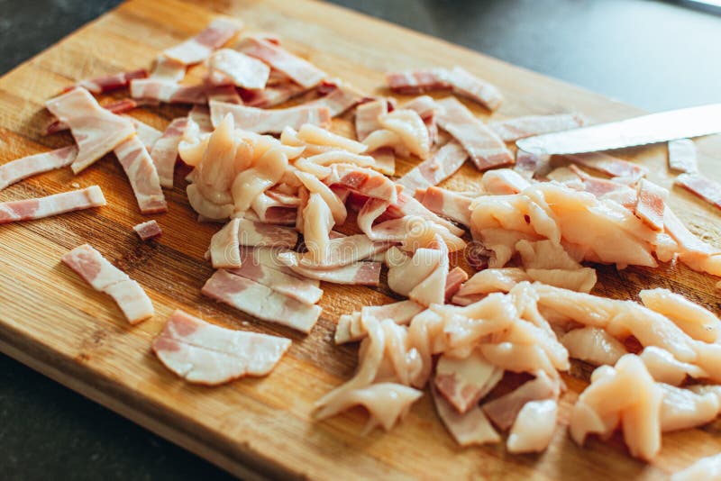 Chopped Bacon on a Wooden Board Stock Photo Image of delicatessen