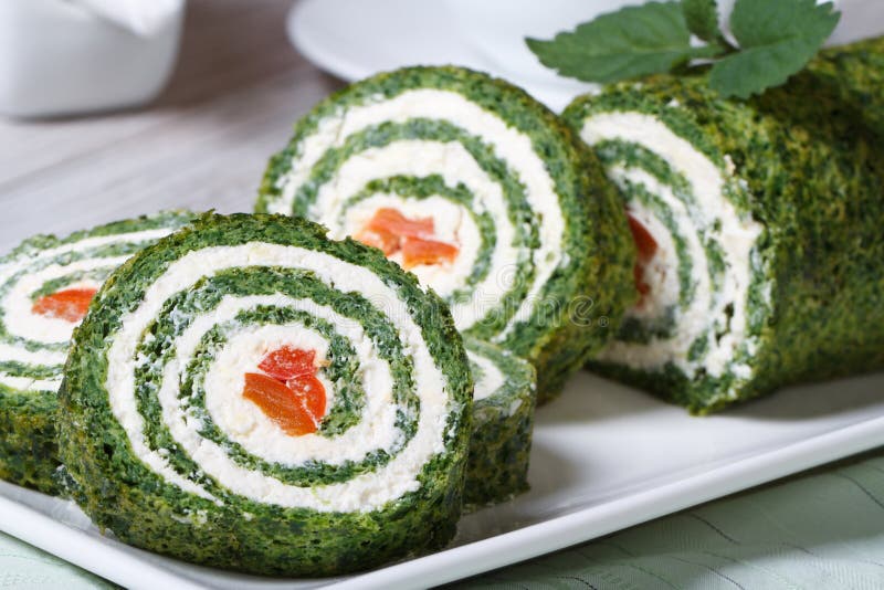 Chopped Green Spinach Roll Filled and Cream Cheese Stock Image - Image ...