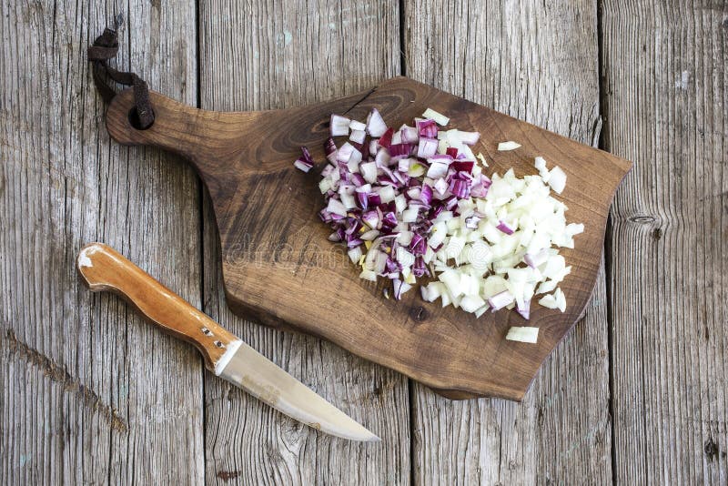 Chopped Red And White Onions On Chopping Board Stock Image Image of