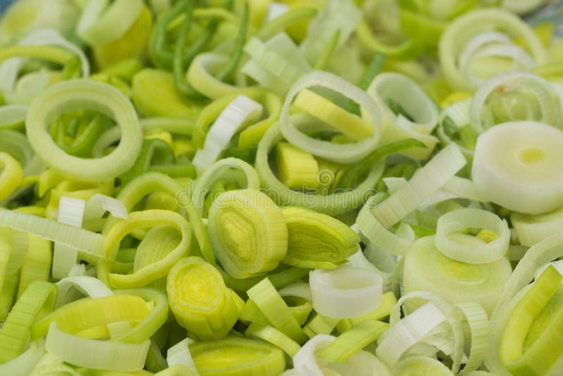 Chopped sliced leek closeup stock images