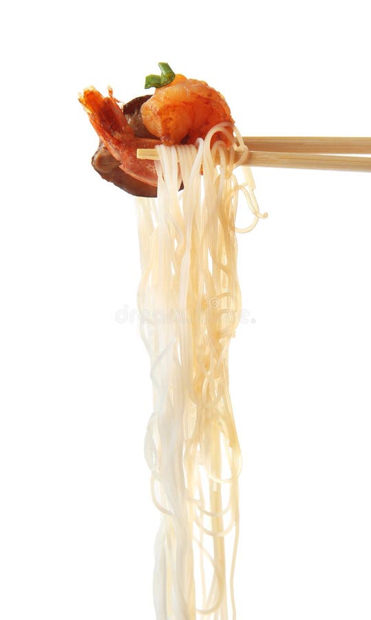 Chopsticks with tasty chinese noodles on white background