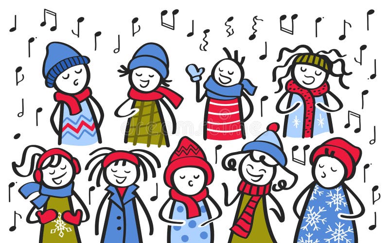 Chor, Carolsänger, Kinder singen, Strichfiguren im Winterkleid, die ein Lied singen