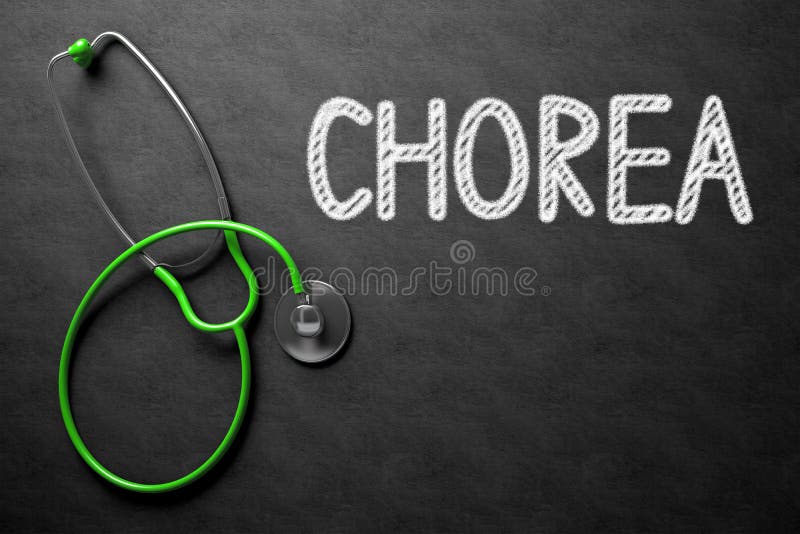 Medical Concept: Chorea on Black Chalkboard. Medical Concept: Top View of Green Stethoscope on Black Chalkboard with Medical Concept - Chorea. 3D Rendering. Medical Concept: Chorea on Black Chalkboard. Medical Concept: Top View of Green Stethoscope on Black Chalkboard with Medical Concept - Chorea. 3D Rendering.