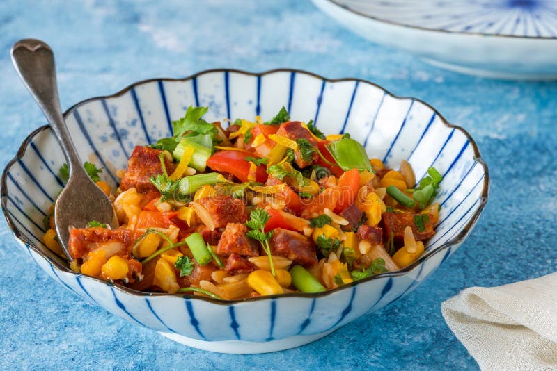 Chorizo, Orzo and Sweetcorn Stew Stock Photo Image of cooked, plate