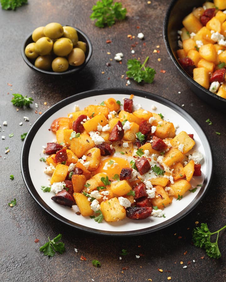 Chorizo Potato Hash Breakfast with Eggs and Feta Cheese Stock Photo
