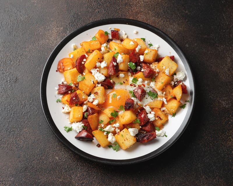 Chorizo Potato Hash Breakfast with Eggs and Feta Cheese Stock Image