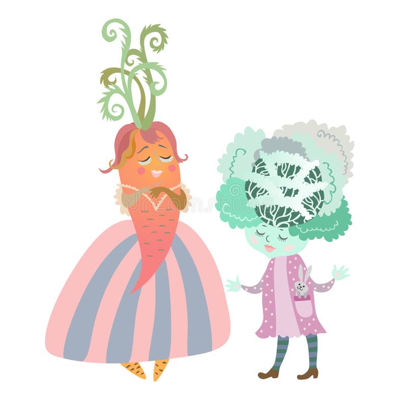 Chou mignon de bande dessinée - fille avec le lapin - jouet et dame - carotte dans la belle robe illustration de vecteur Chou mignon de bande dessinée - fille avec le lapin - jouet et dame - carotte dans la belle robe illustration de vecteur