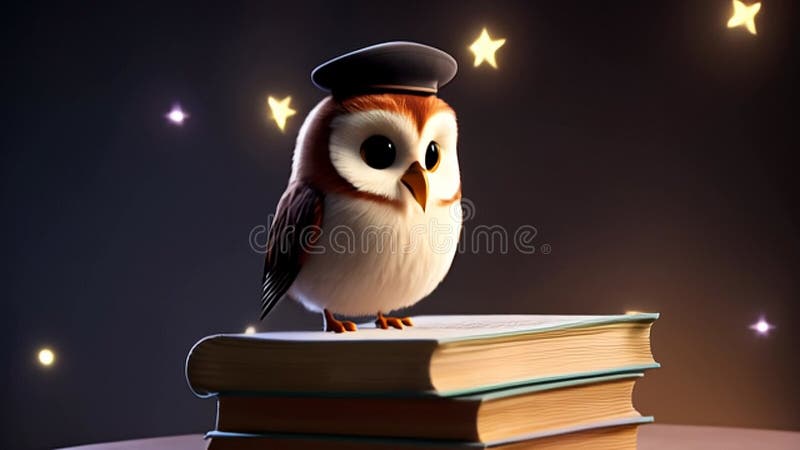 Chouette De Cartoon Avec Bac De Graduation Assis Sur Une Pile De Livres À Twilight Sky Avec Étoiles Pour L'Événement Scolaire illustration libre de droits
