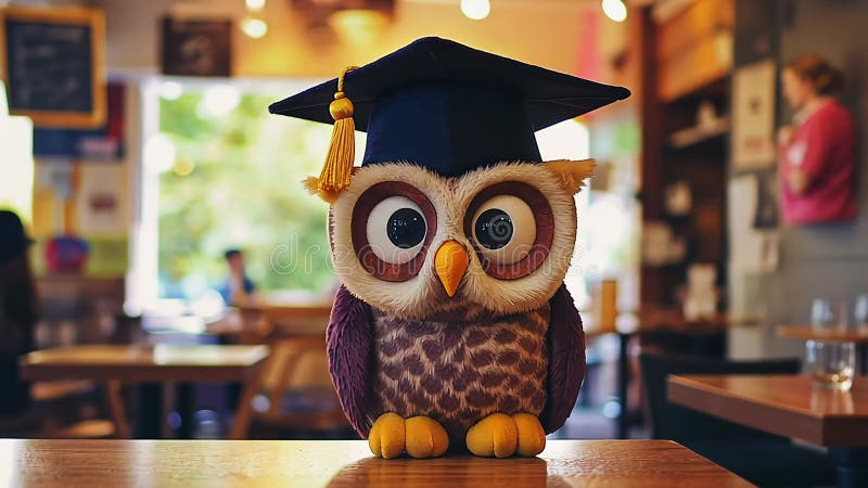 Chouette farcie avec bonnet de diplôme dans le café célébrant la réussite scolaire illustration de vecteur