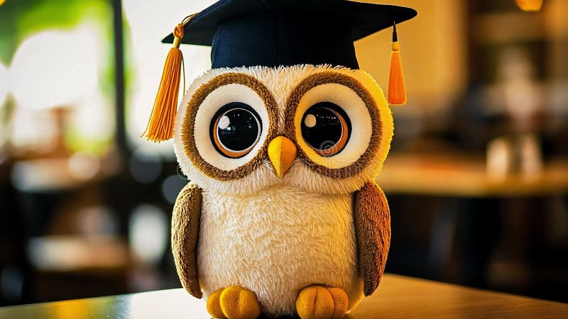 Chouette farcie avec bonnet de diplôme sur table dans le concept d'éducation de café floue illustration stock