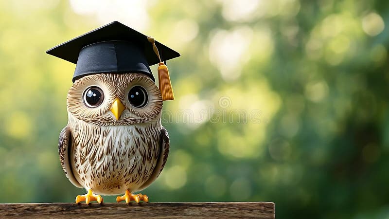 Chouette sage dans le bouchon de graduation sur le bois flou vert fond éducation ou concept de sagesse illustration libre de droits