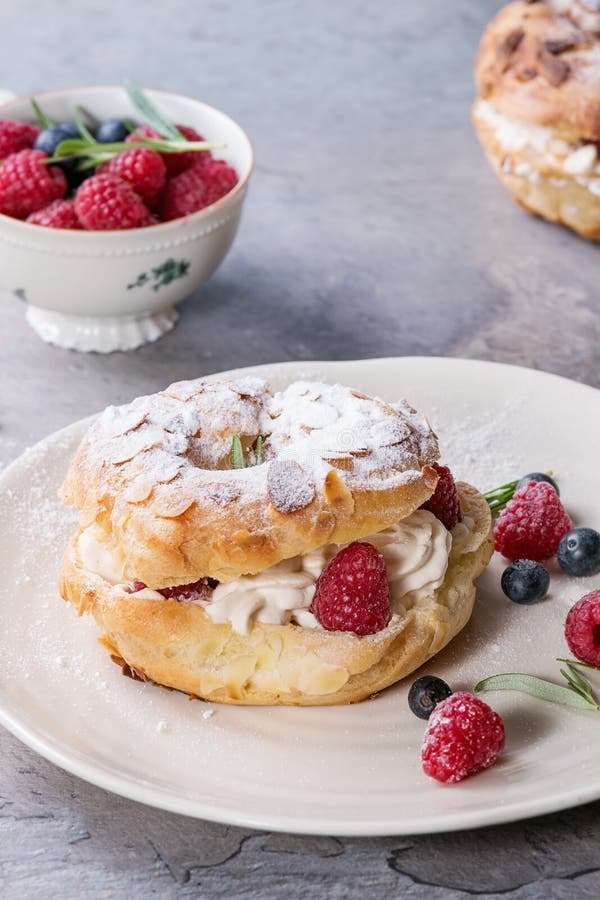 Choux cake Paris Brest with raspberries